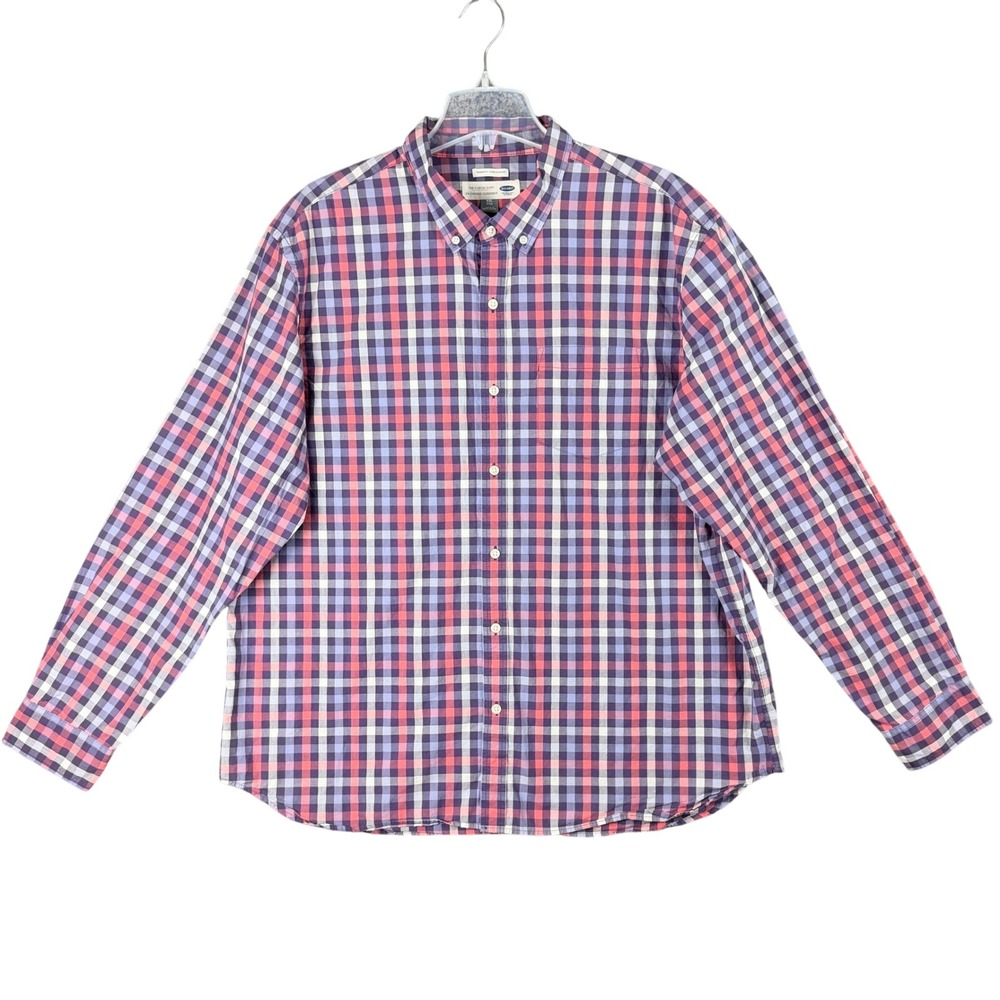 Old Navy Men's 2XL Purple Blue Red Plaid Button Down Shirt Long Sleeve Cotton